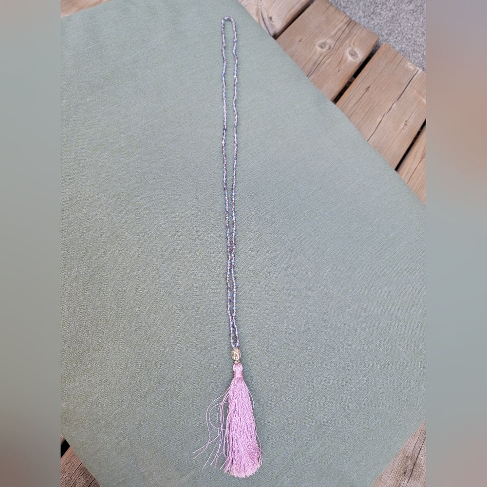 Long Purple Beaded Necklace with Buddha Bead & Tassel